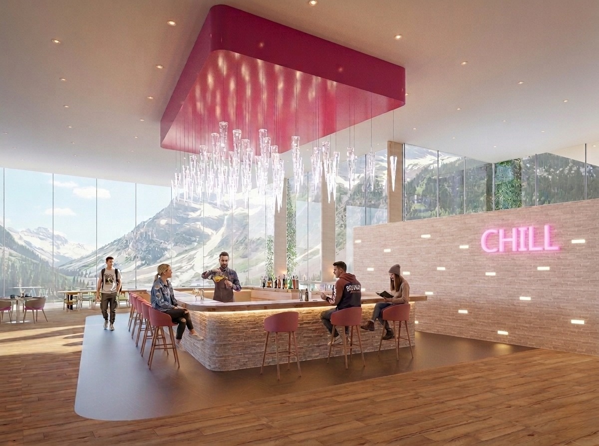 Social space with icicle pendant lights above the bar.