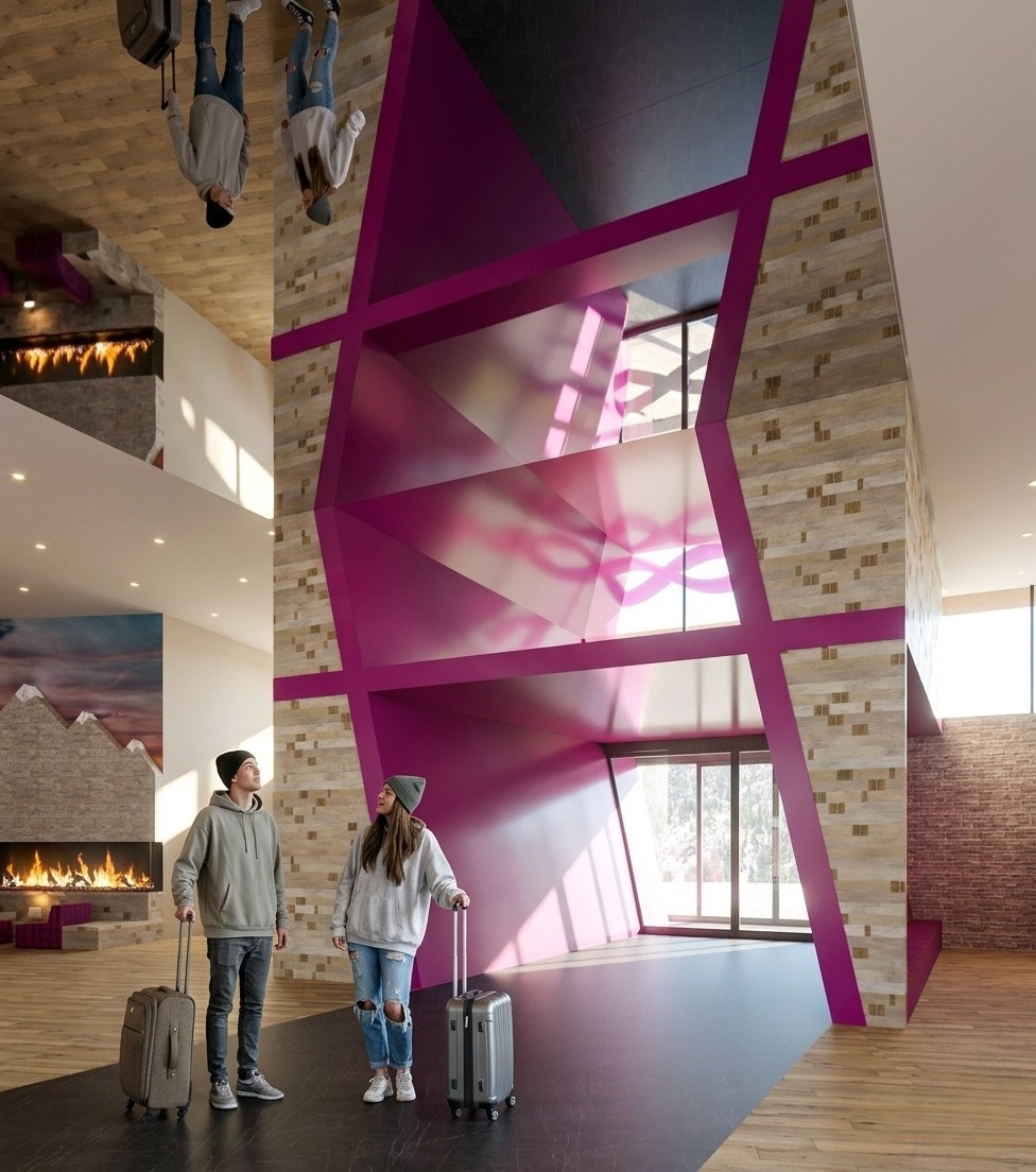 Entrance with ceiling mirror that creates a hashtag-like reflection.