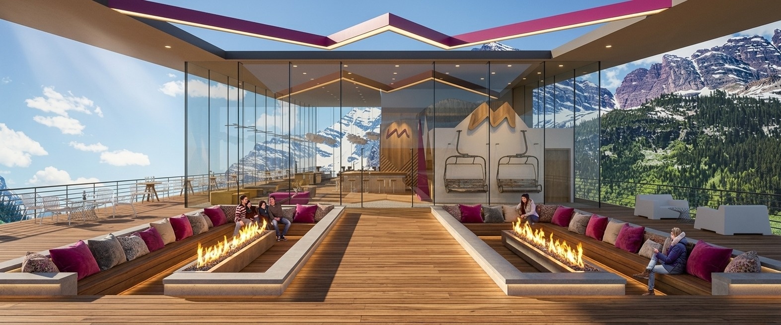 Outdoor fire pits with roof cutouts framing the brand identity.