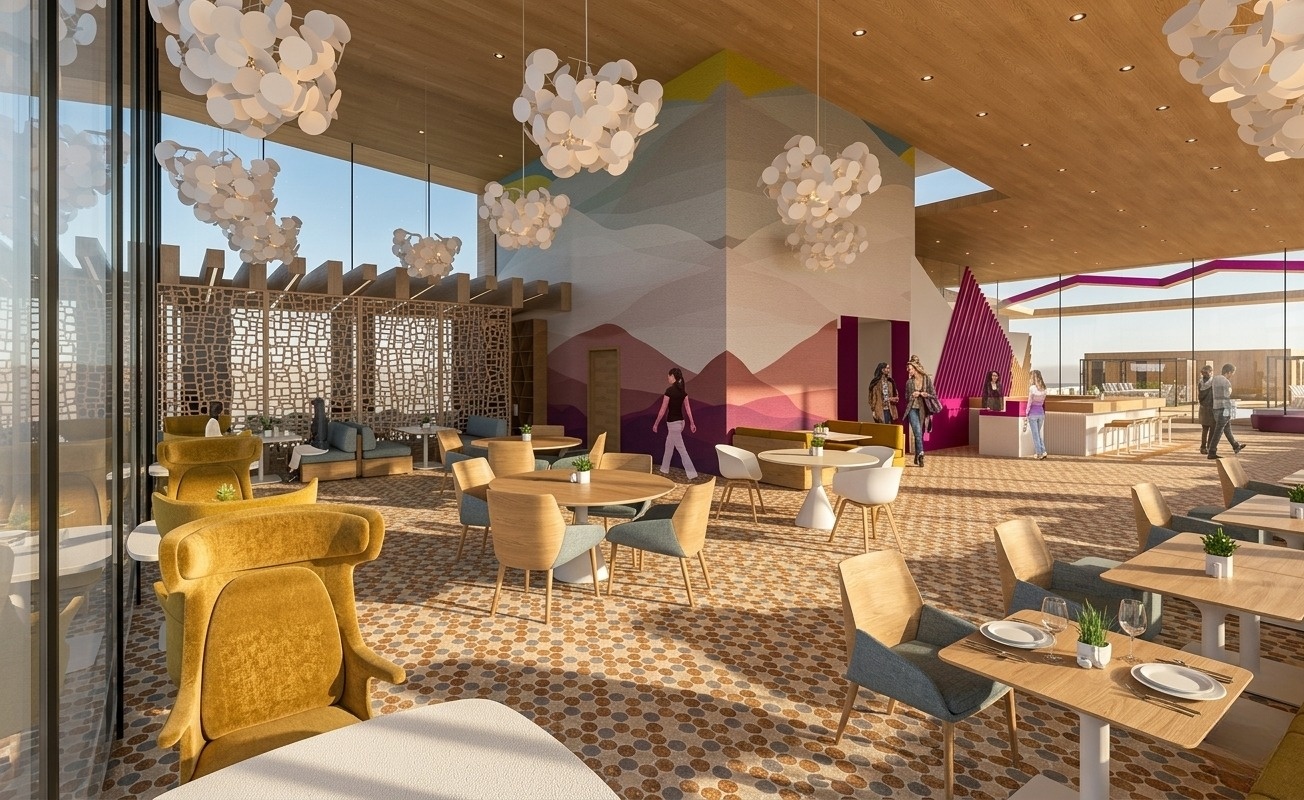 Rooftop restaurant with cork tile flooring and mountain-inspired wall covering